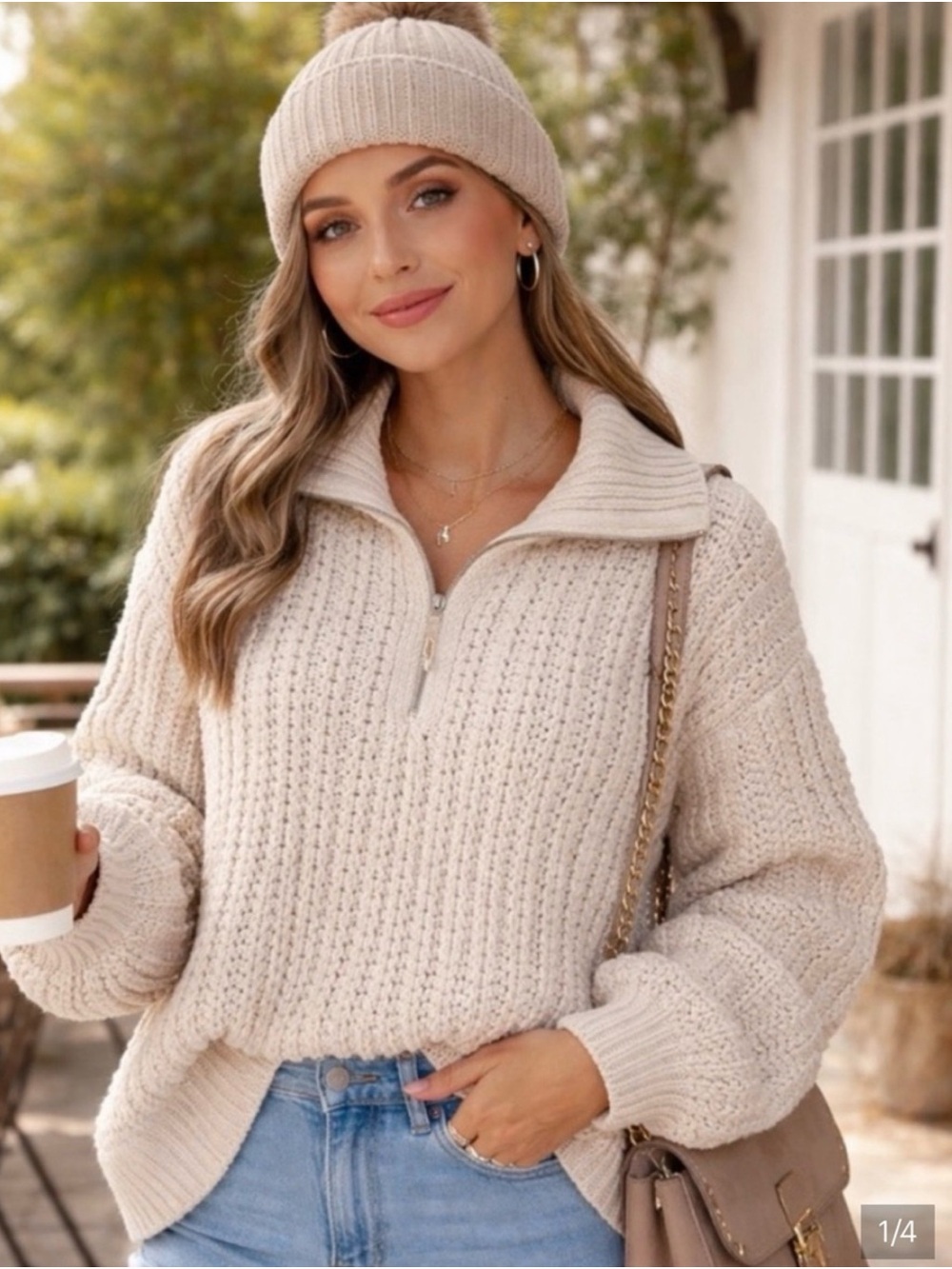 Aerie Cream Chunky Cable Knit Half Zip Turtleneck XXS